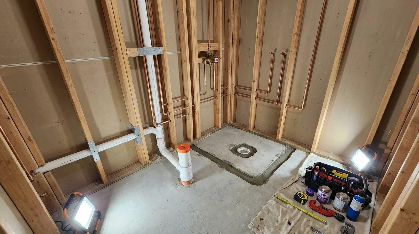 Bathroom rough-in plumbing during remodel by Johns Plumbing LLC in Bethesda