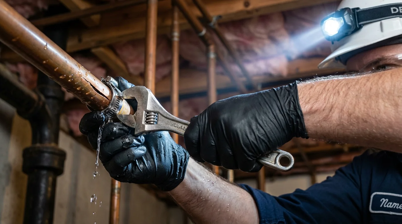 Emergency pipe clamp repair being performed by a Johns Plumbing LLC plumber in Bethesda