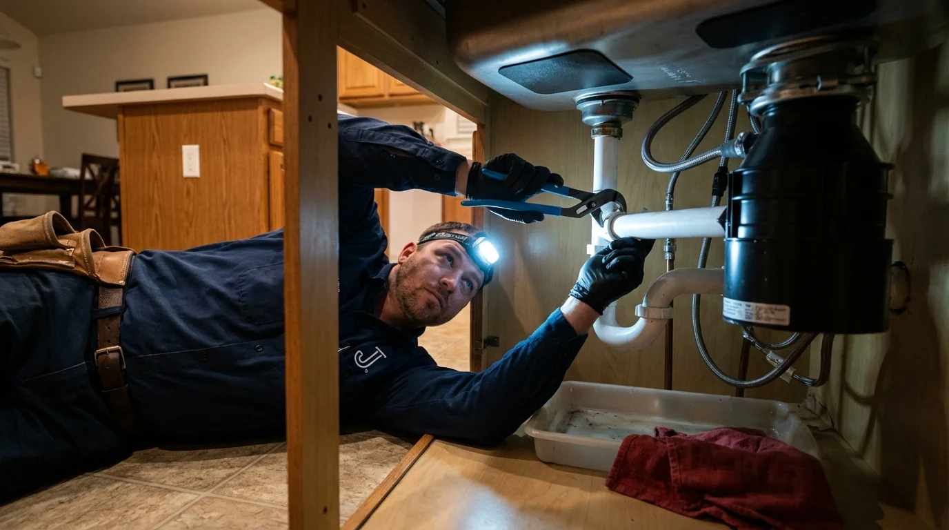 P-trap and supply line connections under a kitchen sink showing a common leak point in Bethesda, OH